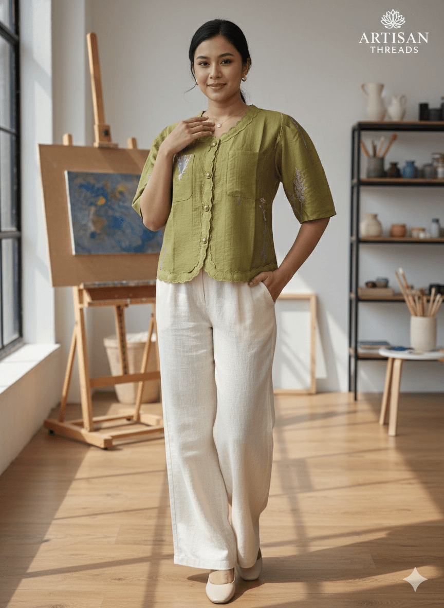 Parrot Green Embroidered Short Top